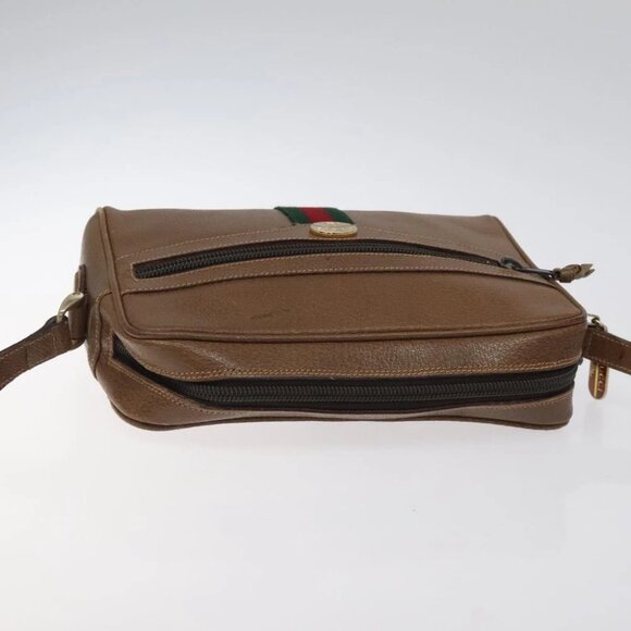 GUCCI Web Sherry Line Shoulder Bag Leather Brown Gold Auth - Picture 12 of 16